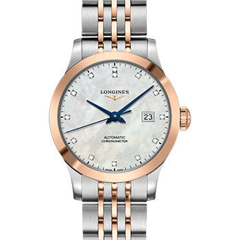 Longines Record collection Watch - 30 mm Steel And 18K Pink Gold Cap 200 Case - White Mother-Of-Pearl Diamond Dial - Bracelet - L2.321.5.87.7