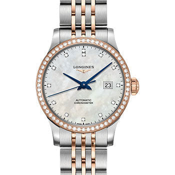 Longines Record collection Watch - 30 mm Steel And 18K Pink Gold Diamond Case - White Mother-Of-Pearl Diamond Dial - Steel And 18K Pink Gold Cap 200 Bracelet - L2.321.5.89.7