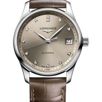 Longines Master Collection Automatic Watch - 34 mm Steel Case - Beige Diamond Dial - Beige Alligator Leather Strap - L2.357.4.07.2
