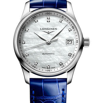 Longines Master Collection Automatic Watch - 34 mm Steel Case - White Mother-Of-Pearl Diamond Dial - Blue Alligator Leather Strap - L2.357.4.87.0