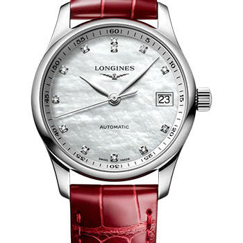 Longines Master Collection Automatic Watch - 34 mm Steel Case - White Mother-Of-Pearl Diamond Dial - Red Alligator Leather Strap - L2.357.4.87.2