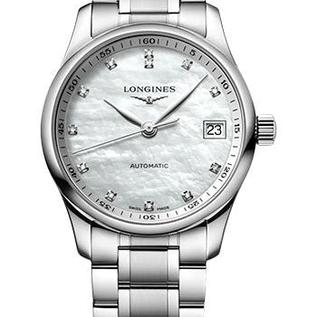 Longines Master Collection Automatic Watch - 34 mm Steel Case - White Mother-Of-Pearl Diamond Dial - Bracelet - L2.357.4.87.6