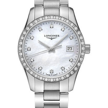 Longines Conquest Classic Quartz Watch - 34 mm Steel Diamond Case - White Mother-Of-Pearl Diamond Dial - Bracelet - L2.386.0.87.6