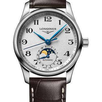 Longines Master Collection Moon Phase Automatic Watch - 34 mm Steel Case - Silver Barleycorn Arabic Dial - Brown Alligator Strap - L2.409.4.78.3