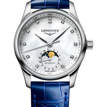 Longines Master Collection Moon Phase Automatic Watch - 34 mm Steel Case - White Mother-Of-Pearl Diamond Dial - Blue Alligator Strap - L2.409.4.87.0