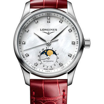 Longines Master Collection Moon Phase Automatic Watch - 34 mm Steel Case - White Mother-Of-Pearl Diamond Dial - Red Alligator Strap - L2.409.4.87.2
