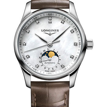 Longines Master Collection Moon Phase Automatic Watch - 34 mm Steel Case - White Mother-Of-Pearl Diamond Dial - Beige Alligator Strap - L2.409.4.87.4