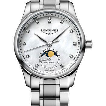 Longines Master Collection Moon Phase Automatic Watch - 34 mm Steel Case - White Mother-Of-Pearl Diamond Dial - Bracelet - L2.409.4.87.6