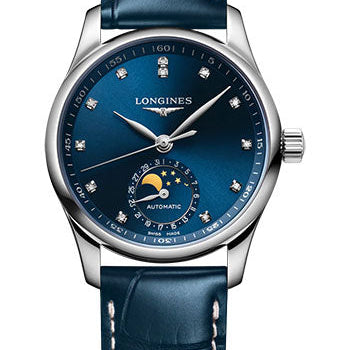 Longines Master Collection Moon Phase Automatic Watch - 34 mm Steel Case - Blue Diamond Dial - Blue Alligator Strap - L2.409.4.97.0