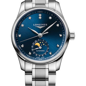 Longines Master Collection Moon Phase Automatic Watch - 34 mm Steel Case - Blue Diamond Dial - Bracelet - L2.409.4.97.6