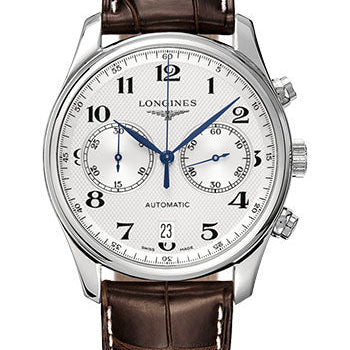Longines Master Collection Chronograph Small Seconds Watch - 40 mm Steel Case - Silver Barleycorn Arabic Dial - Brown Alligator Strap - L2.629.4.78.3