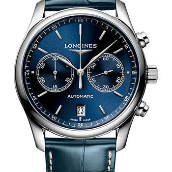 Longines Master Collection Chronograph Small Seconds Automatic Watch - 40 mm Steel Case - Blue Dial - Blue Alligator Strap - L2.629.4.92.0