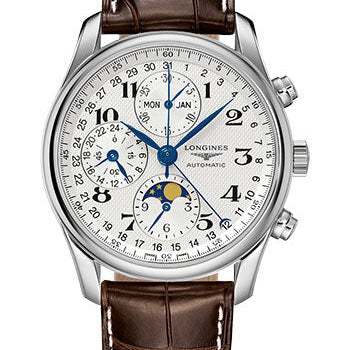 Longines Master Collection Moon Phase Chronograph Small Seconds Watch - 40 mm Steel Case - Silver Barleycorn Arabic Dial - Brown Alligator Strap - L2.673.4.78.3
