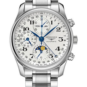Longines Master Collection Moon Phase Chronograph Small Seconds Watch - 40 mm Steel Case - Silver Barleycorn Arabic Dial - Bracelet - L2.673.4.78.6
