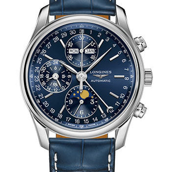 Longines Master Collection Moon Phase Chronograph Small Seconds Watch - 40 mm Steel Case - Blue Dial - Blue Alligator Strap - L2.673.4.92.0