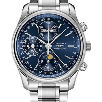 Longines Master Collection Moon Phase Chronograph Small Seconds Watch - 40 mm Steel Case - Blue Dial - Bracelet - L2.673.4.92.6