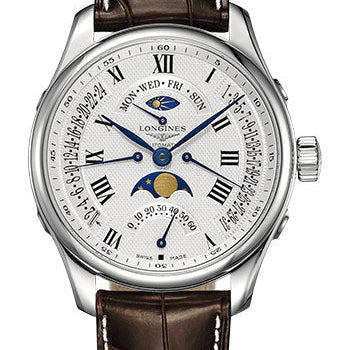 Longines Master Collection Retrograde Annual Calendar Watch - 44 mm Steel Case - Silver Barleycorn Roman Dial - Brown Alligator Strap - L2.739.4.71.3
