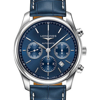Longines Master Collection Chronograph Small Seconds Watch - 42 mm Steel Case - Blue Dial - Blue Alligator Strap - L2.759.4.92.0