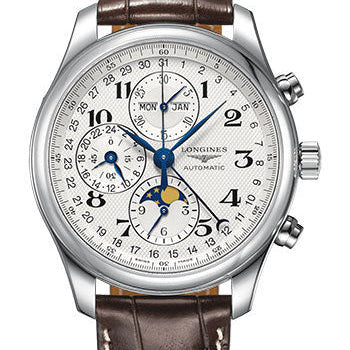 Longines Master Collection Moon Phase Chronograph Small Seconds Watch - 42 mm Steel Case - Silver Barleycorn Arabic Dial - Brown Alligator Strap - L2.773.4.78.3