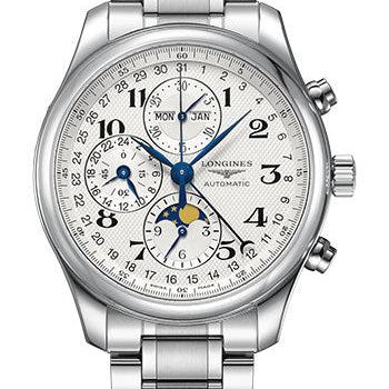 Longines Master Collection Moon Phase Chronograph Small Seconds Watch - 42 mm Steel Case - Silver Barleycorn Arabic Dial - Bracelet - L2.773.4.78.6