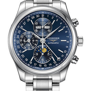 Longines Master Collection Moon Phase Chronograph Small Seconds Watch - 42 mm Steel Case - Blue Dial - Bracelet - L2.773.4.92.6