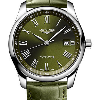 Longines Master Collection Automatic Watch - 40 mm Steel Case - Green Roman Dial - Green Alligator Strap - L2.793.4.09.2