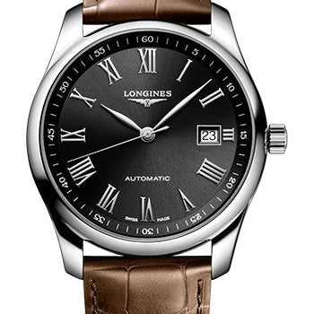 Longines Master Collection Automatic Watch - 40 mm Steel Case - Black Roman Dial - Brown Alligator Strap - L2.793.4.59.2