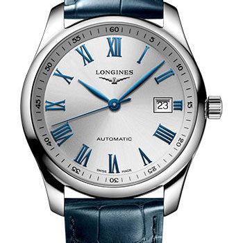 Longines Master Collection Automatic Watch - 40 mm Steel Case - Silver Roman Dial - Blue Alligator Strap - L2.793.4.79.2