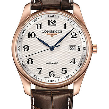 Longines Master Collection Watch - 40 mm Pink Gold Case - Silver Barleycorn Arabic Dial - Brown Alligator Strap - L2.793.8.78.3
