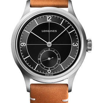 Longines Heritage Classic - Sector Dial Small Seconds Automatic Watch - 38.5 mm Steel Case - Black Arabic Dial - Brown Strap - L2.828.4.53.2