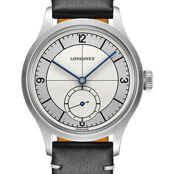 Longines Heritage Classic Small Seconds Watch - 38.5 mm Steel Case - Silver Arabic Dial - Black Leather Strap - L2.828.4.73.0