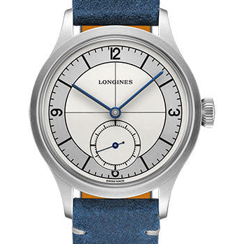 Longines Heritage Classic Small Seconds Watch - 38.5 mm Steel Case - Silver Arabic Dial - Blue Leather Strap - L2.828.4.73.2