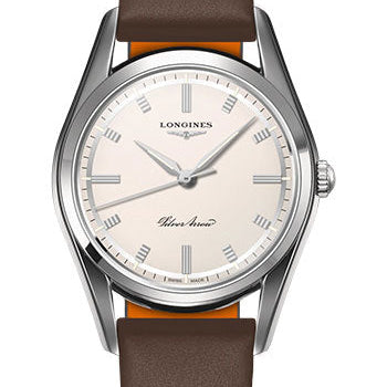 Longines Heritage Classic Silver Arrow Watch - 38.5 mm Stainless Steel Case - Silver Dial - Brown Leather Strap - L2.834.4.72.2