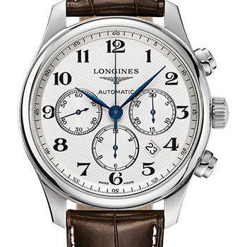 Longines Master Collection Chronograph Small Seconds Watch - 44 mm Steel Case - Silver Barleycorn Arabic Dial - Brown Alligator Strap - L2.859.4.78.3