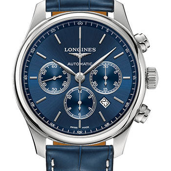 Longines Master Collection Chronograph Small Seconds Watch - 44 mm Steel Case - Blue Dial - Blue Alligator Strap - L2.859.4.92.0