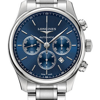 Longines Master Collection Chronograph Small Seconds Watch - 44 mm Steel Case - Blue Dial - Bracelet - L2.859.4.92.6