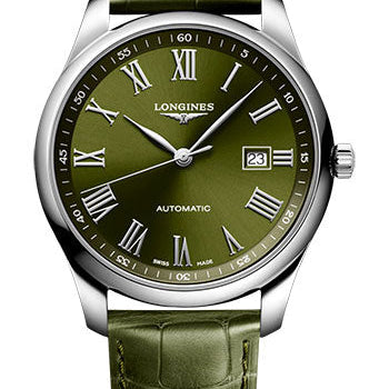 Longines Master Collection Automatic Watch - 42 mm Steel Case - Green Roman Dial - Green Alligator Leather Strap - L2.893.4.09.2