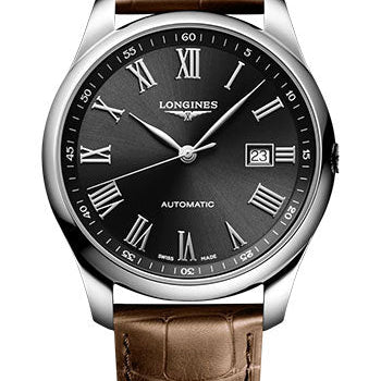 Longines Master Collection Automatic Watch - 42 mm Steel Case - Black Roman Dial - Brown Alligator Leather Strap - L2.893.4.59.2