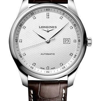 Longines Master Collection Automatic Watch - 42 mm Steel Case - Silver Barleycorn Diamond Dial - Brown Alligator Leather Strap - L2.893.4.77.3