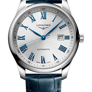 Longines Master Collection Automatic Watch - 42 mm Steel Case - Silver Roman Dial - Blue Alligator Strap - L2.893.4.79.2