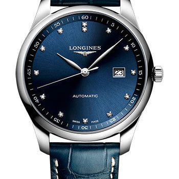 Longines Master Collection Automatic Watch - 42 mm Steel Case - Blue Diamond Dial - Blue Alligator Leather Strap - L2.893.4.97.0