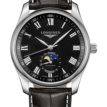 Longines Master Collection Moon Phase Watch - 40 mm Steel Case - Black Barleycorn Roman Dial - Black Alligator Strap - L2.909.4.51.7