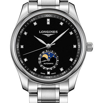 Longines Master Collection Moon Phase Watch - 40 mm Steel Case - Black Diamond Dial - Bracelet - L2.909.4.57.6