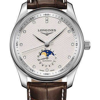 Longines Master Collection Moon Phase Watch - 40 mm Steel Case - Silver Barleycorn Diamond Dial - Brown Alligator Strap - L2.909.4.77.3