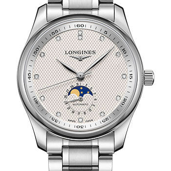 Longines Master Collection Moon Phase Watch - 40 mm Steel Case - Silver Barleycorn Diamond Dial - Bracelet - L2.909.4.77.6