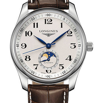 Longines Master Collection Moon Phase Watch - 40 mm Steel Case - Silver Barleycorn Arabic Dial - Brown Alligator Strap - L2.909.4.78.3