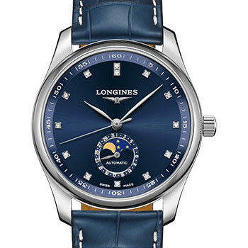 Longines Master Collection Moon Phase Watch - 40 mm Steel Case - Blue Diamond Dial - Blue Alligator Strap - L2.909.4.97.0
