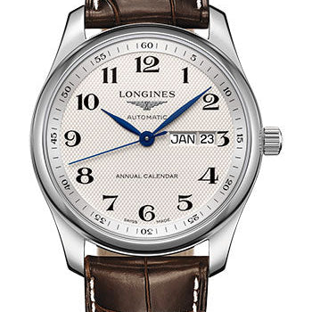 Longines Master Collection Annual Calendar Watch - 40 mm Steel Case - Silver Barleycorn Arabic Dial - Brown Alligator Strap - L2.910.4.78.3
