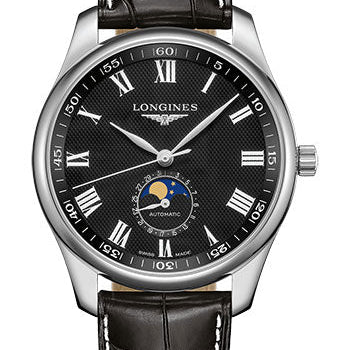 Longines Master Collection Moon Phase Watch - 42 mm Steel Case - Black Barleycorn Roman Dial - Black Alligator Strap - L2.919.4.51.7
