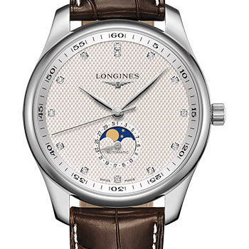 Longines Master Collection Moon Phase Watch - 42 mm Steel Case - Silver Barleycorn Diamond Dial - Brown Alligator Strap - L2.919.4.77.3